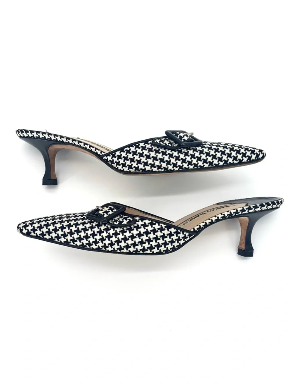 Vintage Manolo Blahnik Buckle Houndstooth Pointed Toe Slip On Mules 37.5 - Picture 4 of 8